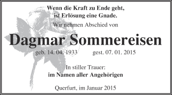 Traueranzeige von Dagmar Sommereisen von WVG - Wochenspiegel NMB / WSF / ZTZ