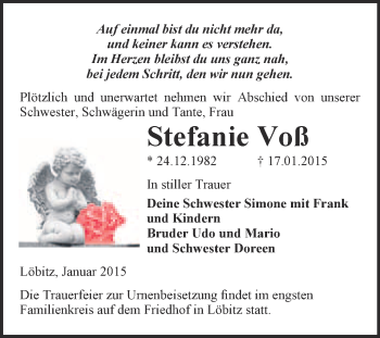 Traueranzeige von Stefanie Voß von WVG - Wochenspiegel NMB / WSF / ZTZ