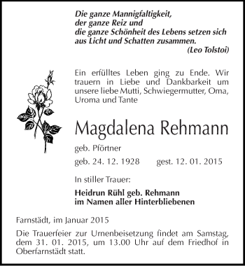Traueranzeige von Magdalena Rehmann von Mitteldeutsche Zeitung Merseburg/Querfurt