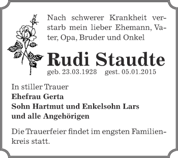 Traueranzeige von Rudi Staudte von WVG - Wochenspiegel Dessau / Köthen