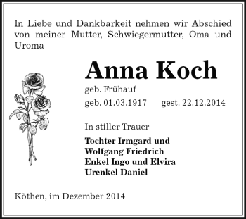 Traueranzeige von Anna Koch von WVG - Wochenspiegel Dessau / Köthen