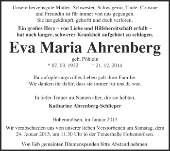 Traueranzeige von Eva Maria Ahrenberg von WVG - Wochenspiegel NMB / WSF / ZTZ