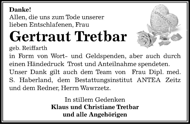  Traueranzeige für Gertraut Tretbar vom 24.01.2015 aus Mitteldeutsche Zeitung Zeitz