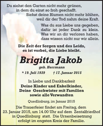 Traueranzeige von Brigitta Jakob von WVG - Wochenspiegel Quedlinburg