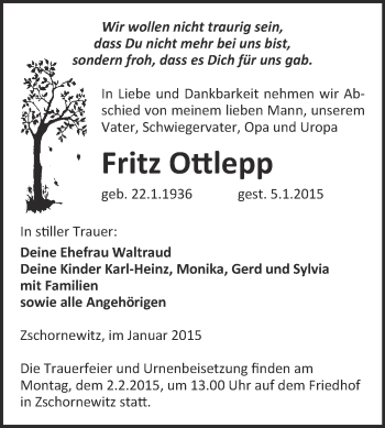 Traueranzeige von Fritz Ottlepp von WVG - Wochenspiegel Wittenberg