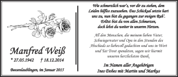 Traueranzeige von Manfred Weiß von Super Sonntag Bernburg