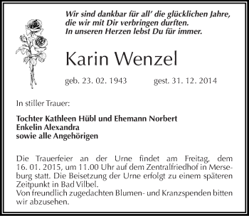 Traueranzeige von Karin Wenzel von Mitteldeutsche Zeitung Merseburg/Querfurt