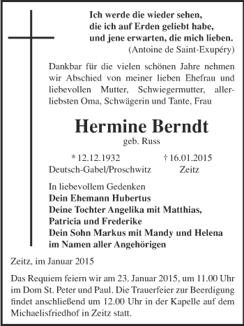 Traueranzeige von Hermine Berndt von WVG - Wochenspiegel NMB / WSF / ZTZ