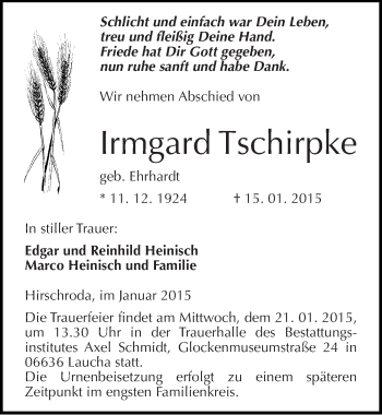 Traueranzeige von Irmgard Tschirpke von Mitteldeutsche Zeitung Naumburg/Nebra