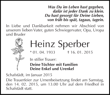 Traueranzeige von Heinz Sperber von Mitteldeutsche Zeitung Merseburg/Querfurt