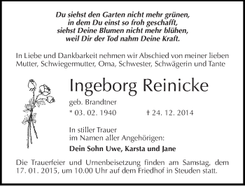 Traueranzeige von Ingeborg Reinicke von Mitteldeutsche Zeitung Halle/Saalkreis