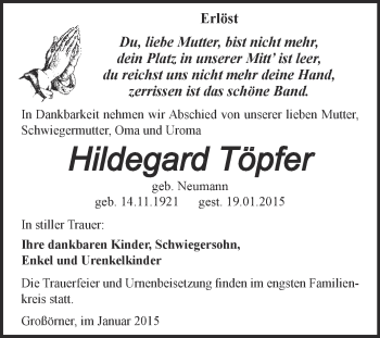Traueranzeige von Hildegard Töpfer von Wochenspiegel Mansfelder Land