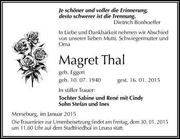 Traueranzeige von Magret Thal von WVG - Wochenspiegel Merseburg