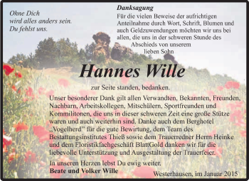 Traueranzeige von Hannes Wille von Super Sonntag Quedlinburg