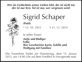 Traueranzeige von Sigrid Schaper von Mitteldeutsche Zeitung Quedlinburg