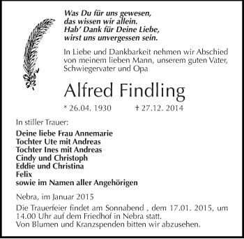 Traueranzeige von Alfred Findling von Mitteldeutsche Zeitung Naumburg/Nebra