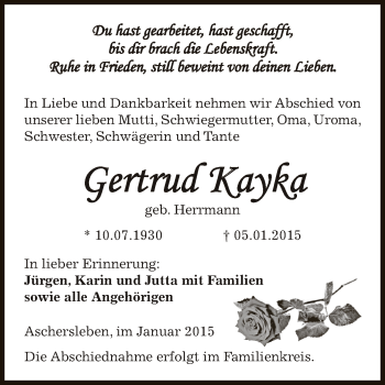 Traueranzeige von Gertrud Kayka von Super Sonntag Aschersleben
