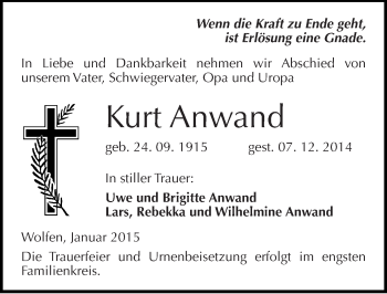 Traueranzeige von Kurt Anwand von Mitteldeutsche Zeitung Bitterfeld
