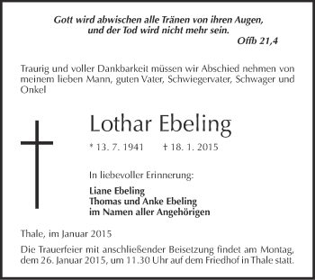 Traueranzeige von Lothar Ebeling von WVG - Wochenspiegel Quedlinburg