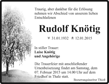 Traueranzeige von Rudolf Knötig von Super Sonntag Quedlinburg