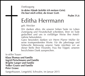 Traueranzeige von Editha Herrmann von Super Sonntag SGH Mansf. Land