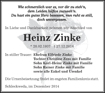 Traueranzeige von Heinz Zinke von Super Sonntag Zeitz