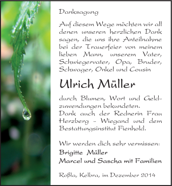 Traueranzeige von Ulrich Müller von Mitteldeutsche Zeitung Sangerhausen