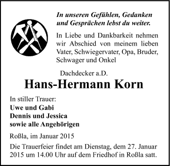 Traueranzeige von Hans-Hermann Korn von Mitteldeutsche Zeitung Sangerhausen