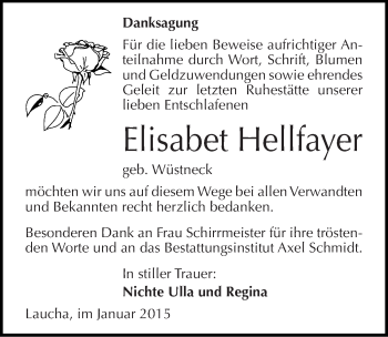 Traueranzeige von Elisabet Hellfayer von Mitteldeutsche Zeitung Naumburg/Nebra