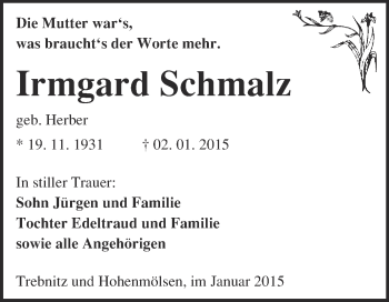 Traueranzeige von Irmgard Schmalz von WVG - Wochenspiegel NMB / WSF / ZTZ