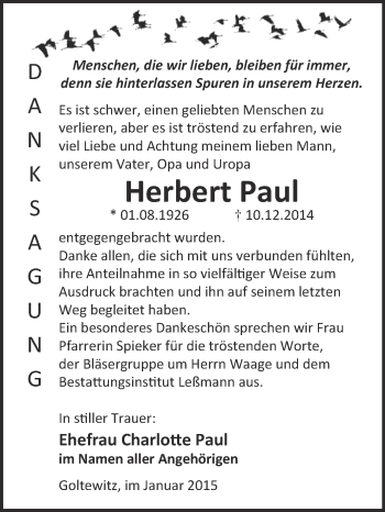 Traueranzeige von Herbert Paul von WVG - Wochenspiegel Wittenberg