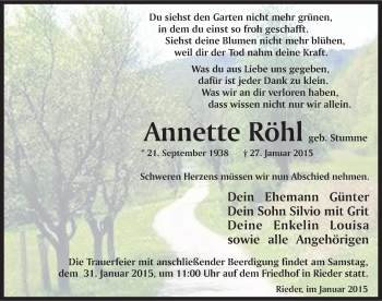 Traueranzeige von Annette Röhl von Mitteldeutsche Zeitung Quedlinburg