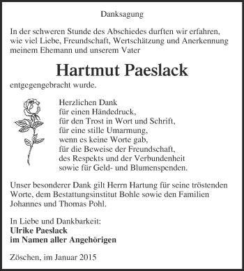 Traueranzeige von Hartmut Paeslack von Super Sonntag Merseburg