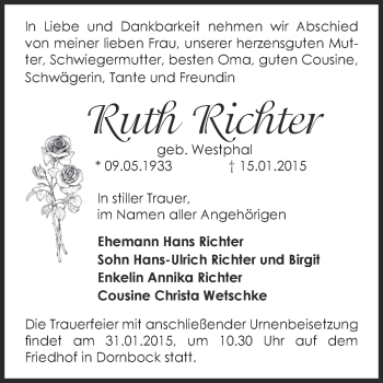 Traueranzeige von Ruth Richter von Super Sonntag Bernburg