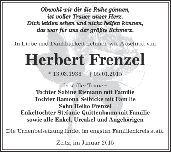 Traueranzeige von Herbert Frenzel von Super Sonntag Zeitz