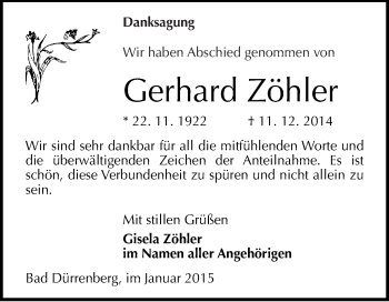 Traueranzeige von Gerhard Zöhler von WVG - Wochenspiegel Merseburg