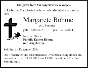 Traueranzeige von Margarete Bhme von WVG - Wochenspiegel Wittenberg
