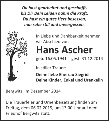 Traueranzeige von Hans Ascher von WVG - Wochenspiegel Wittenberg