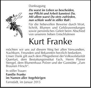 Traueranzeige von Kurt Franke von Mitteldeutsche Zeitung Merseburg/Querfurt