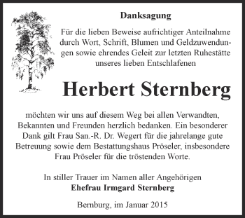 Traueranzeige von Herbert Sternberg von Super Sonntag Bernburg