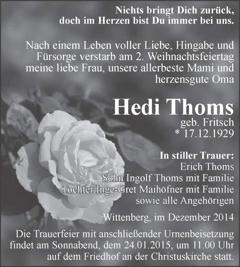  Traueranzeige für Hedi Thoms vom 07.01.2015 aus WVG - Wochenspiegel Wittenberg