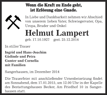 Traueranzeige von Helmut Lampert von Super Sonntag SGH Mansf. Land