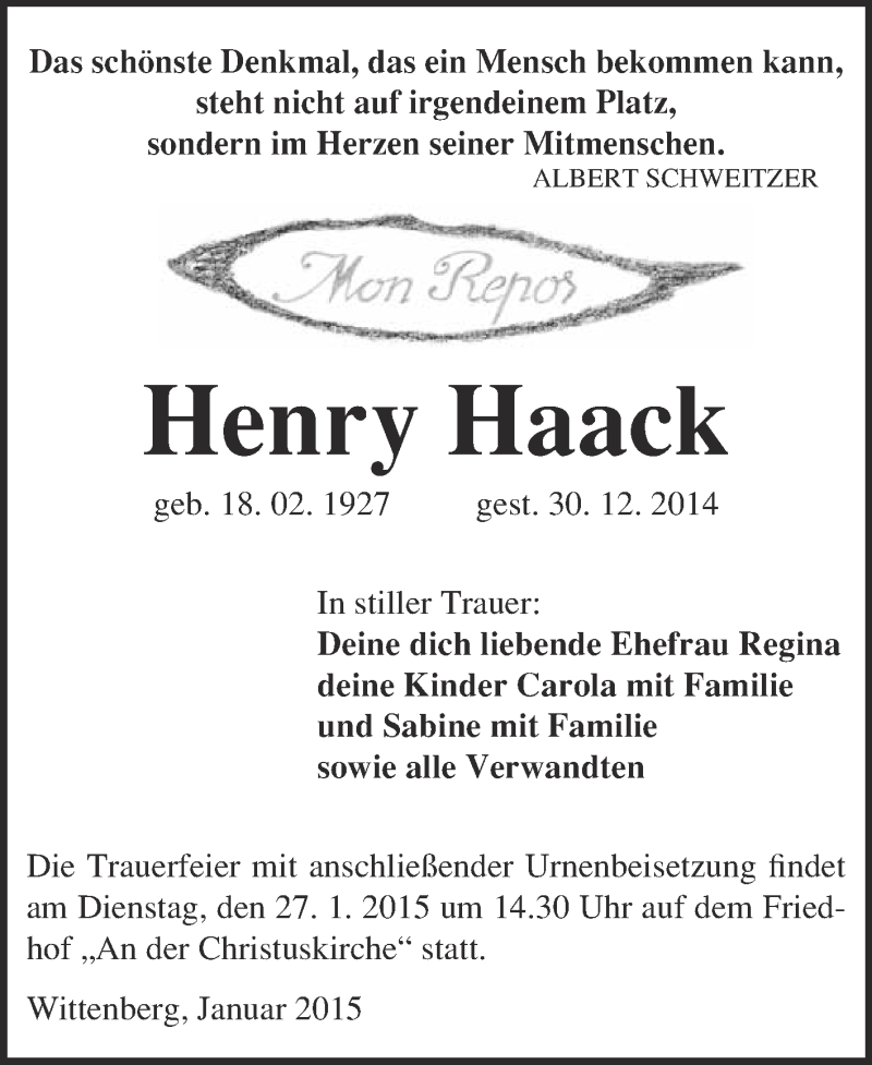  Traueranzeige für Henry Haack vom 18.01.2015 aus Super Sonntag Wittenberg