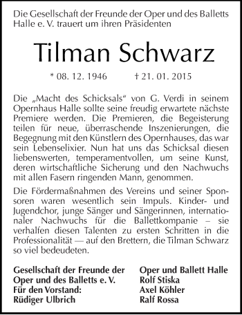 Traueranzeige von Tilman Schwarz von Mitteldeutsche Zeitung Halle/Saalkreis