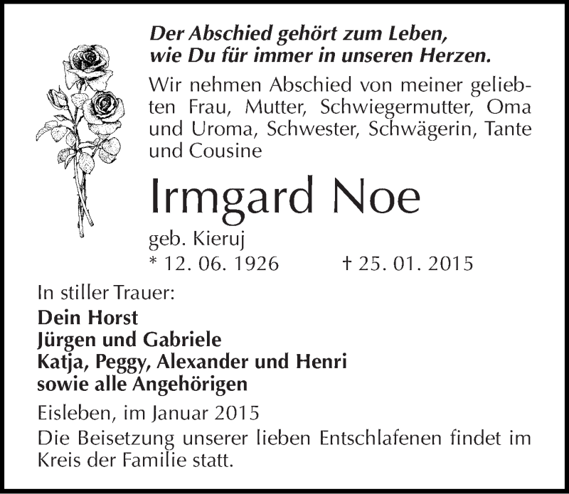  Traueranzeige für Irmgard Noe vom 31.01.2015 aus Mitteldeutsche Zeitung Mansfelder Land