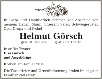 Traueranzeige von Helmut Görsch von WVG - Wochenspiegel Dessau / Köthen