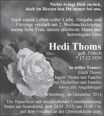 Traueranzeige von Hedi Thoms von WVG - Wochenspiegel Wittenberg