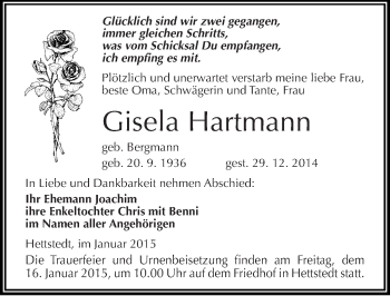 Traueranzeige von Gisela Hartmann von Mitteldeutsche Zeitung Mansfelder Land