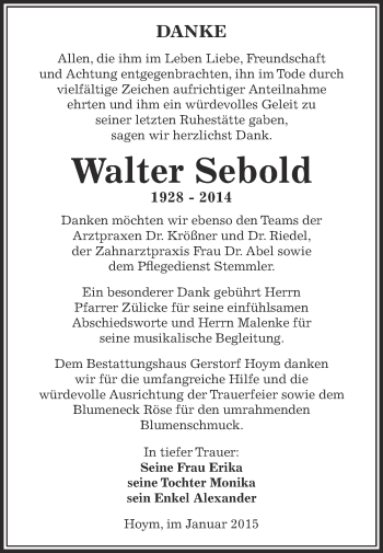 Traueranzeige von Walter Sebold von Super Sonntag Aschersleben