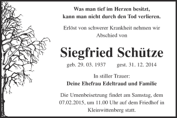 Traueranzeige von Siegfried Schütze von WVG - Wochenspiegel Wittenberg